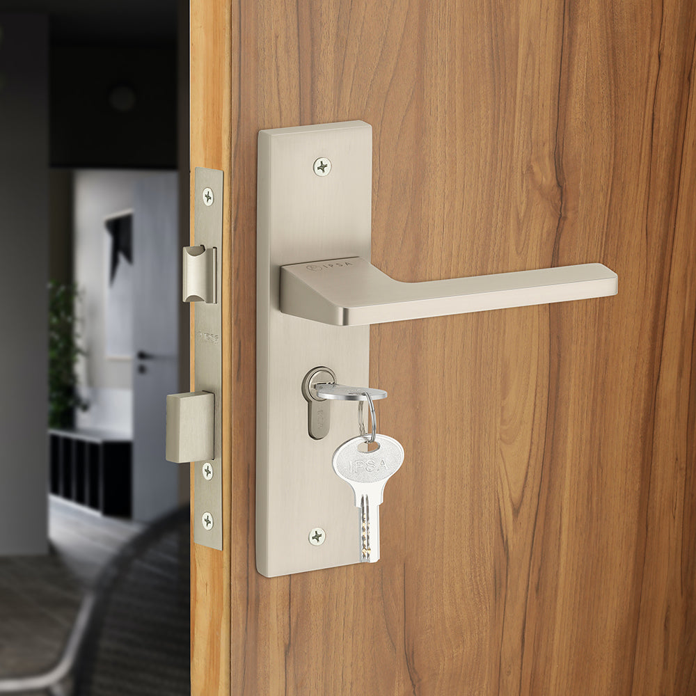 IPSA Cyan Moderna Handle Series on 8" Plate CYS Lockset with 60mm Both Side Key - Matte Satin Nickel Finish FSS